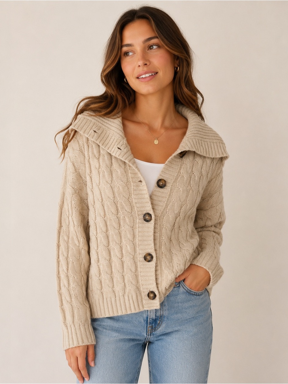 Ann Taylor Cream Cable-Knit Button Cardigan